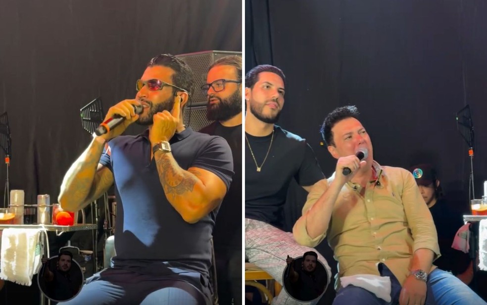 Gusttavo Lima e outros cantores cantando no palco do evento em Goiás — Foto: Reprodução/Instagram de Renato Sertanejeiro