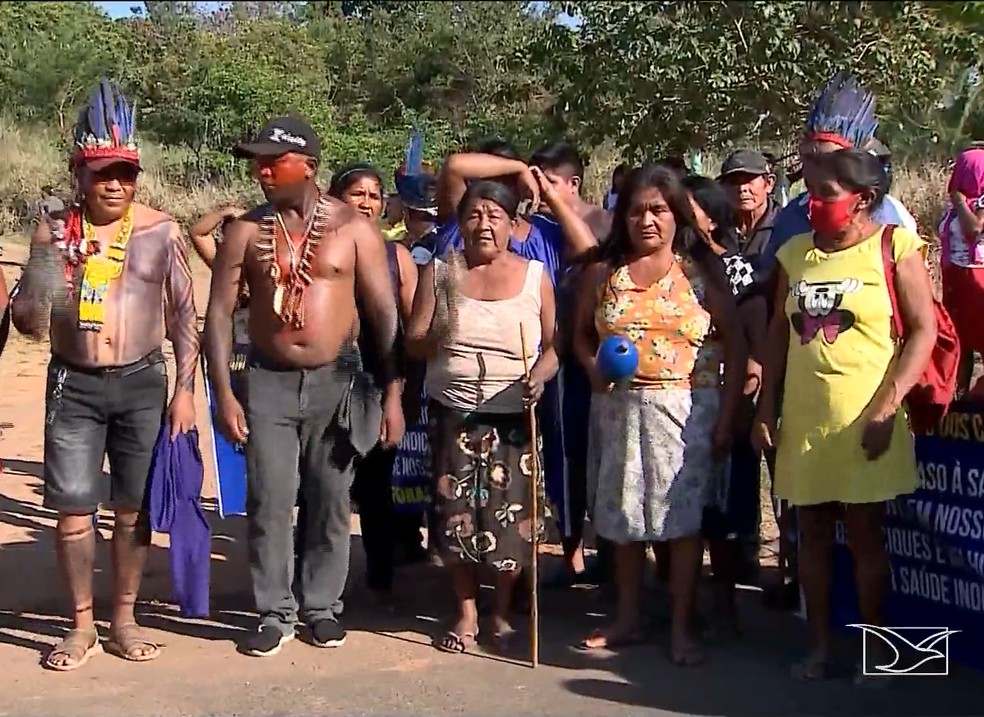 Indígenas em protesto a favor de mais saúde nas aldeias no Maranhão  — Foto: Reprodução/TV Mirante