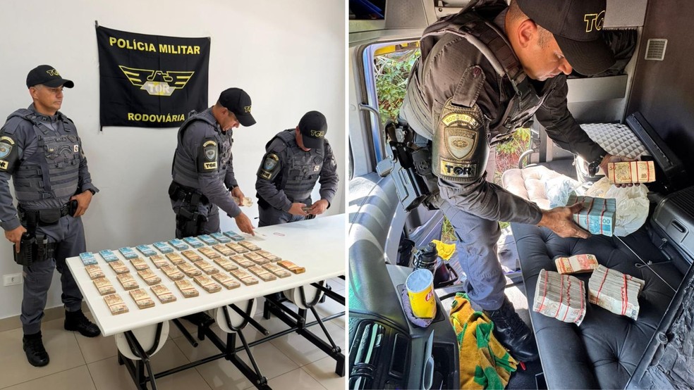 Mais de R$ 245 mil são apreendidos em fundo falso no teto de caminhão em Mirante do Paranapanema — Foto: Polícia Rodoviária/reprodução