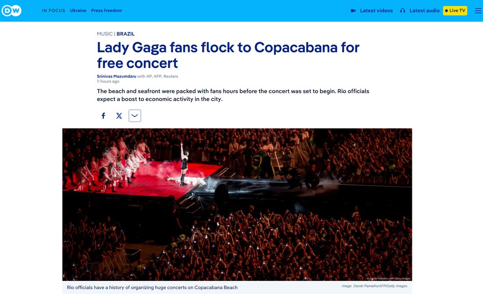 Portal Deutsche Welle (DW) repercute o show de Lady Gaga no Rio — Foto: Reprodução/DW