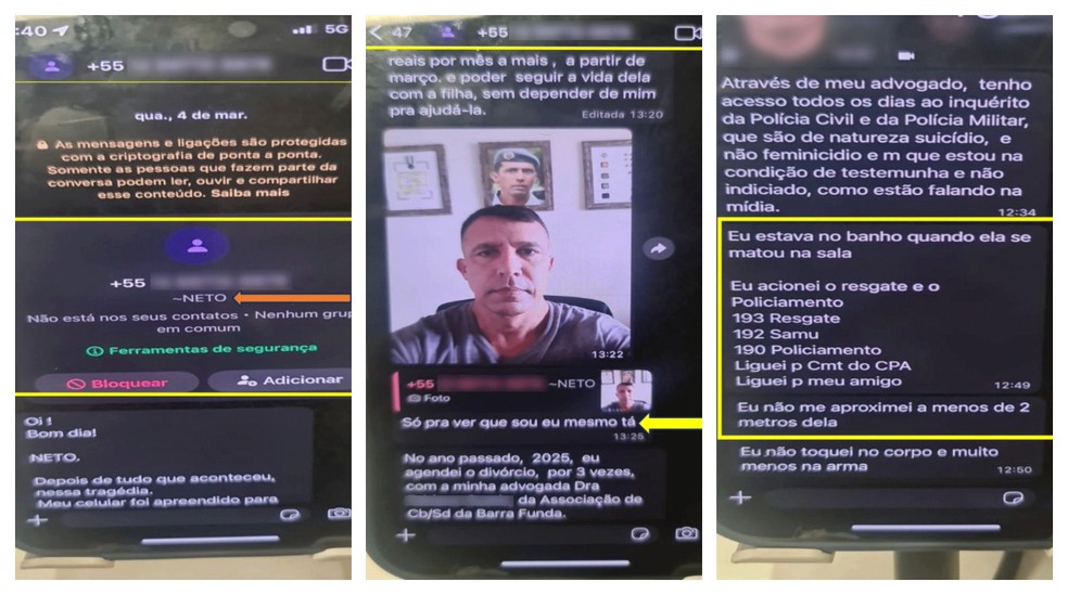 Nas mensagens que mandou para a soldado Rariane Genoroso, usando outro celular, o tenente-coronel Geraldo Neto mandou uma foto (ao centro) para provar que era ele. O oficial procurou a subordinada duas semanas ap&oacute;s o assassinato da esposa para dizer que n&atilde;o a havia matado. &mdash; Foto: Reprodu&ccedil;&atilde;o