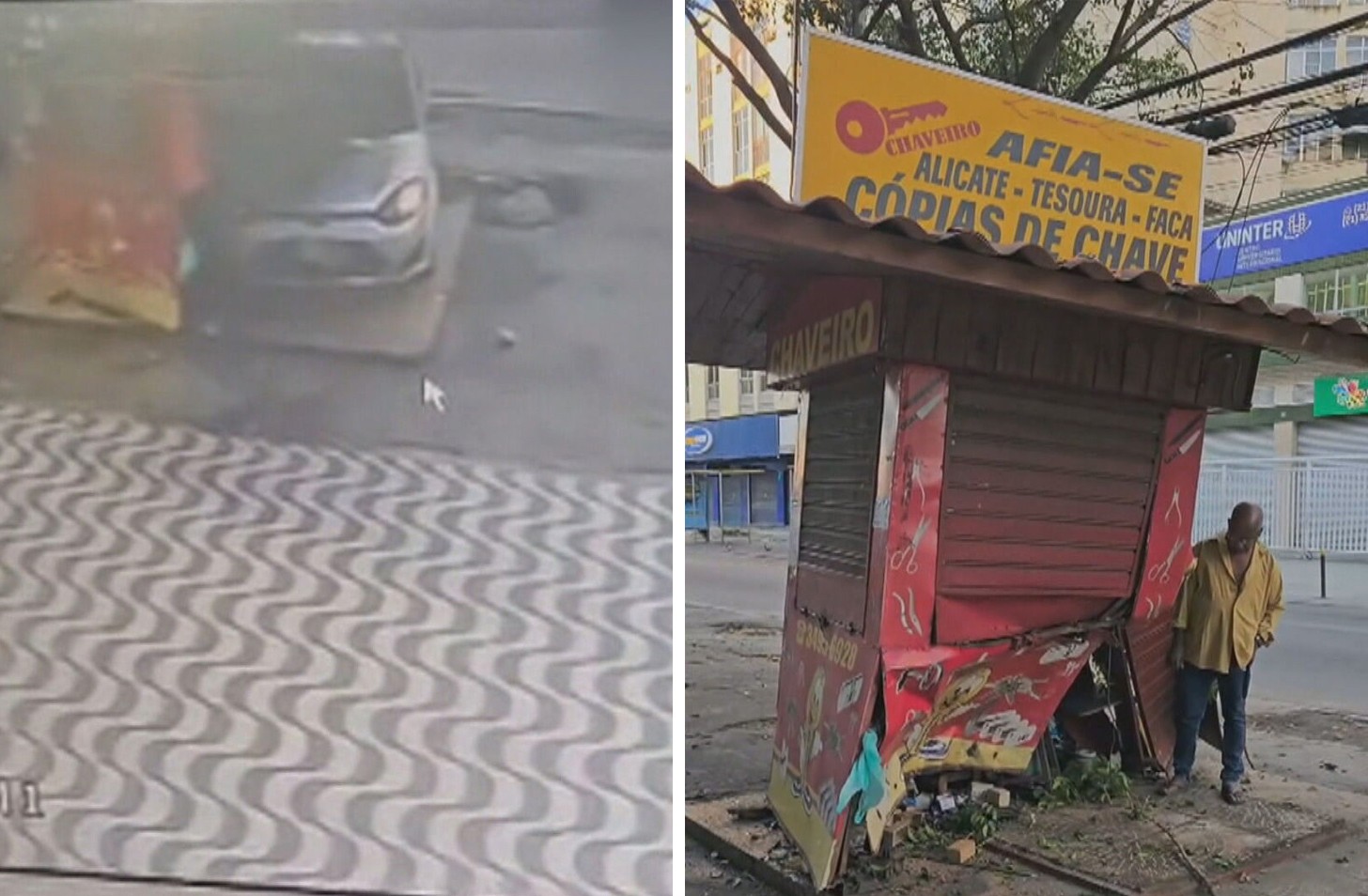 Motorista destrói quiosque de chaveiro em Bonsucesso e vai embora; VÍDEO