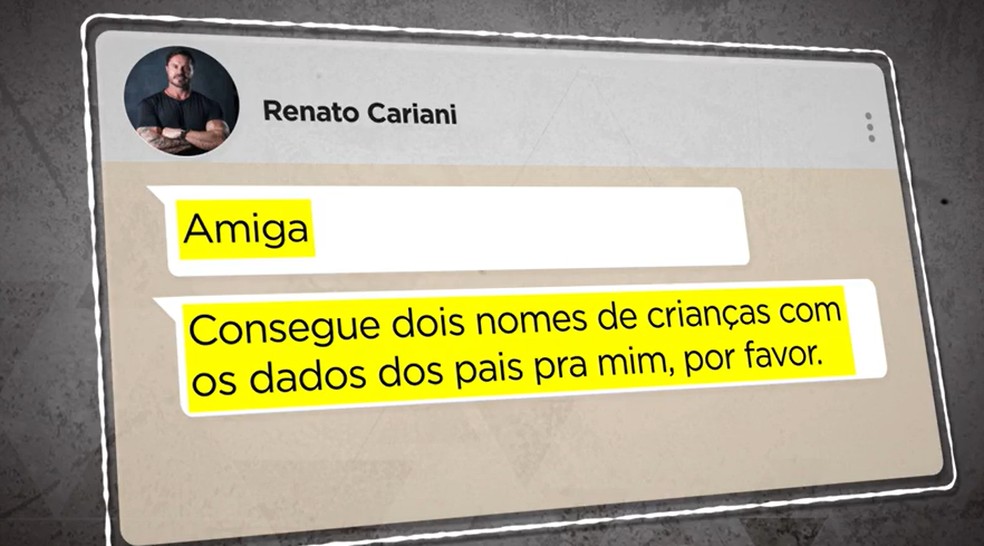 Por mensagem, Renato Cariani pede dados de crianças. — Foto: TV Globo/Reprodução