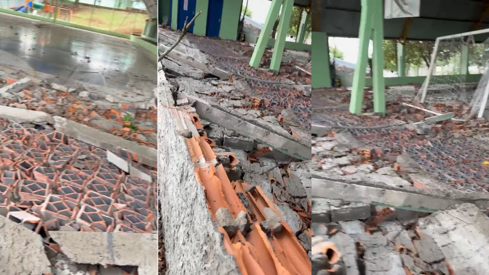 Muro de concreto de um ginásio caiu — Foto: Cedidas/Prefeitura de Dois Vizinhos