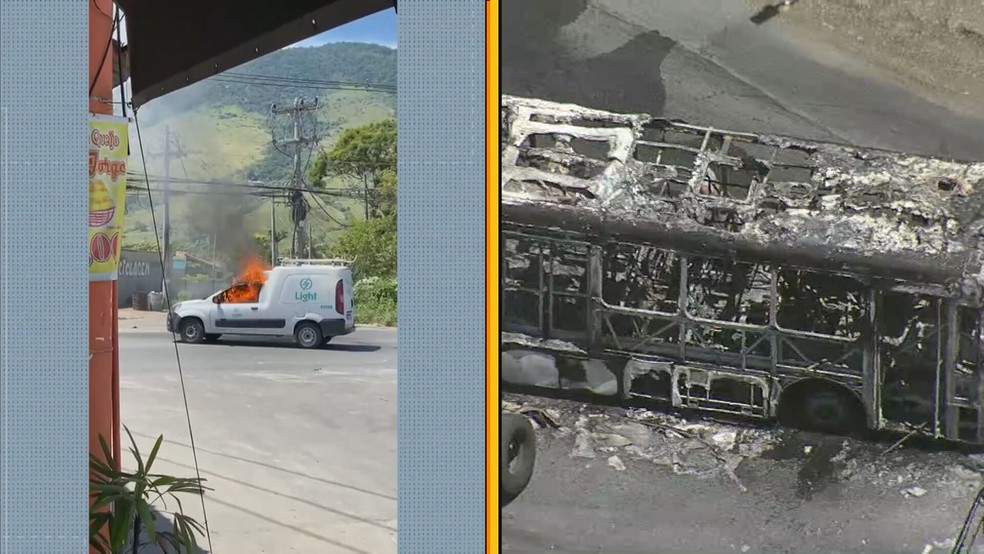 Criminosos atearam fogo em ônibus e carros durante operação na comunidade Grão-Pará, em Nova Iguaçu — Foto: Reprodução / TV Globo