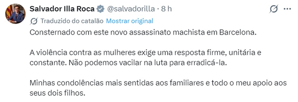 Presidente da Catalunha repudia morte de brasileira em Barcelona — Foto: Reprodução/X