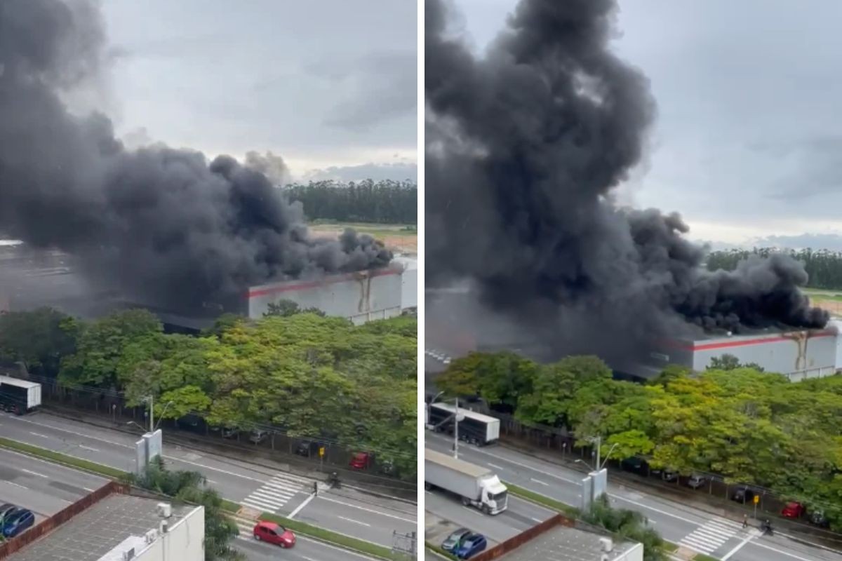 Vídeo: Incêndio atinge fábrica em Jacareí e provoca coluna de fumaça
