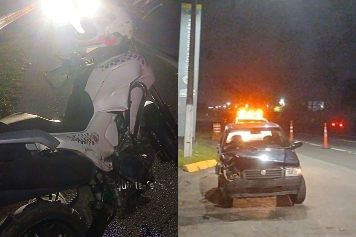 PM de moto fica ferido após entrar na contramão e ser atingido por carro em rodovia no litoral de SP