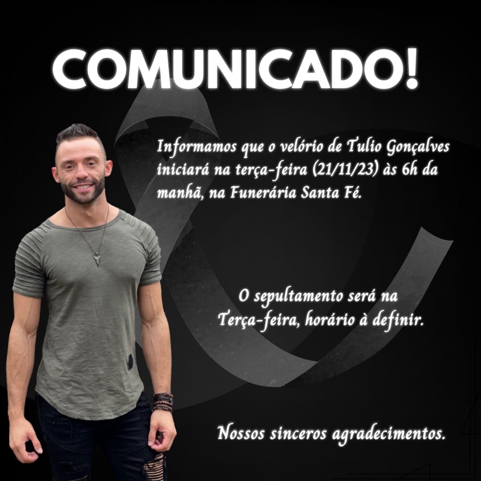 Comunicado divulgado nas redes sociais sobre o velório — Foto: Redes sociais