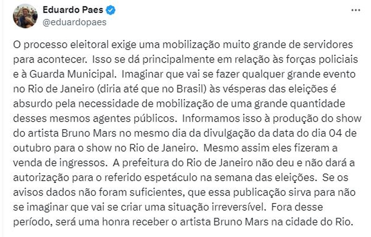 Eduardo Paes says he will not grant a license to show Bruno Mars in Rio due to the proximity of the election |  Rio de Janeiro