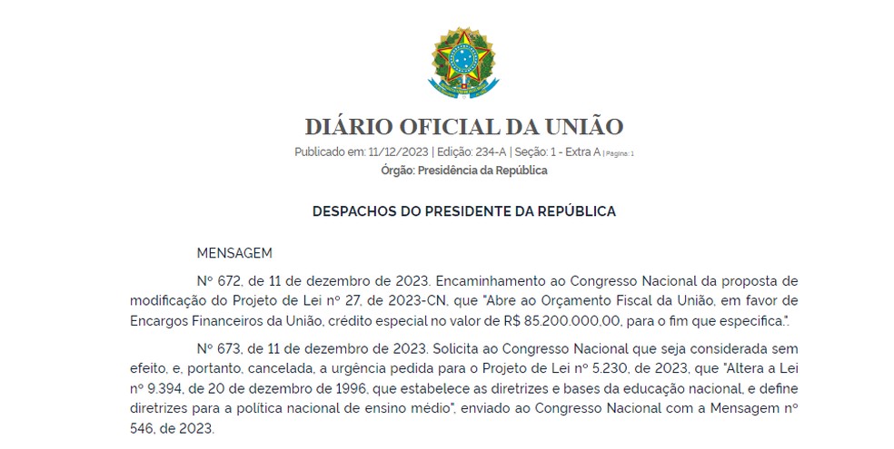 Edição extra do Diário Oficial da União de 11 de dezembro de 2023 — Foto: Presidência da República