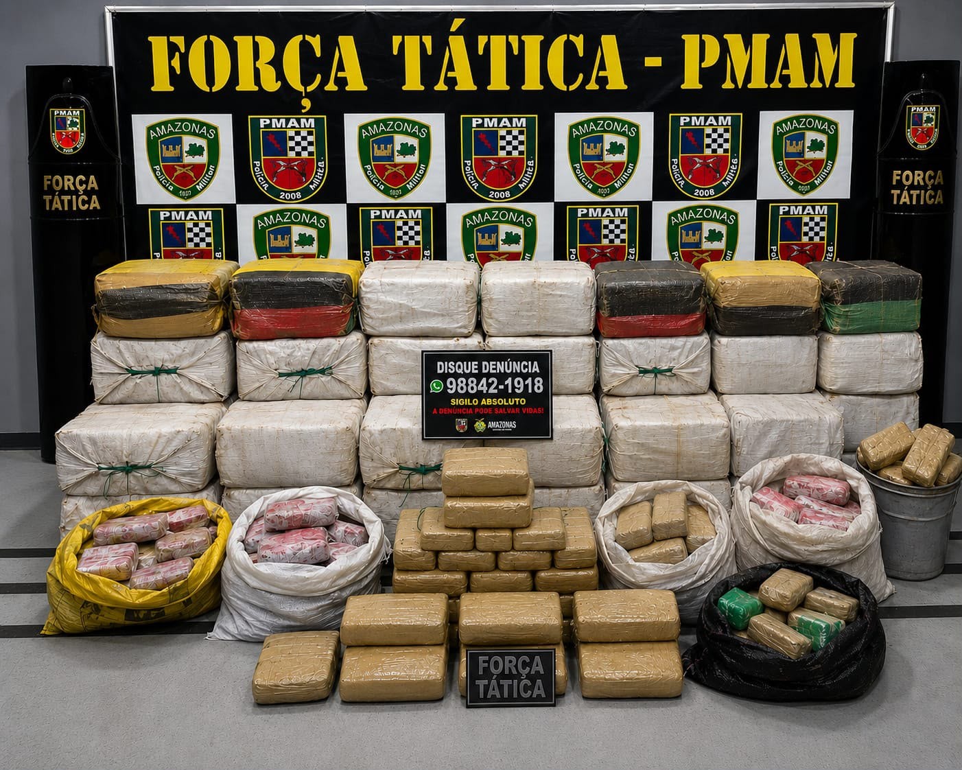 Após troca de tiros, polícia apreende 1,5 tonelada de drogas e 60 coletes com símbolos da Polícia Civil no AM