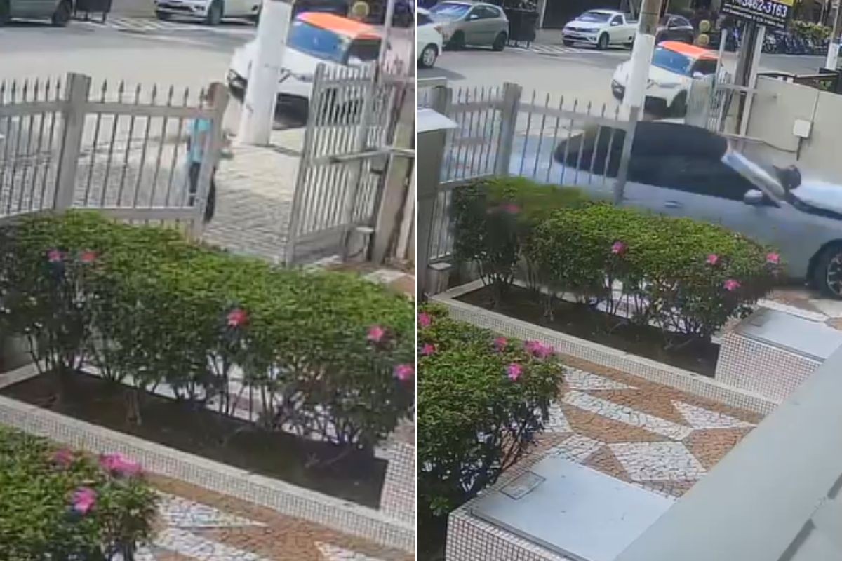 BMW desgovernada invade condomínio e quase atropela mulher no litoral de SP; VÍDEO