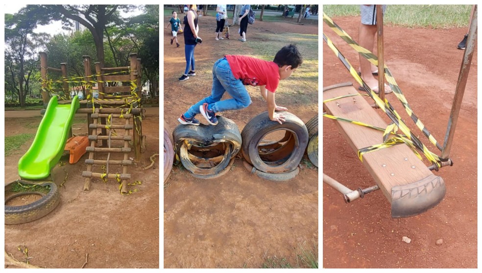 Área infantil degradada e com brinquedos interditados no Parque Ceret, no Tatuapé, desde 2023. — Foto: Montagem/g1/Rodrigo Rodrigues