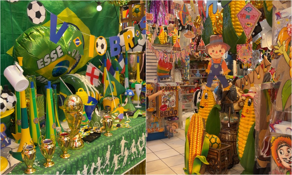 Na região da Rua 25 de Março, itens de Copa do Mundo dividem espaço com produtos de festa junina. — Foto: André Vinco/g1
