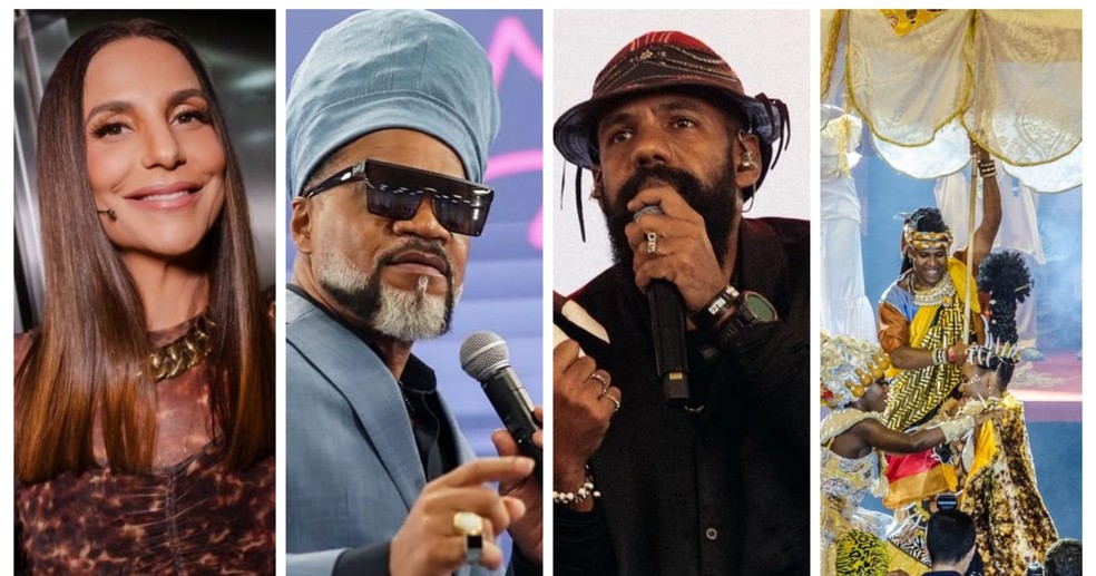 Ivete Sangalo, Carlinhos Brown, BaianaSystem e Ilê Aiyê vão abrir o Carnaval 2024 — Foto: Reprodução/Redes Sociais | Fundação Índigo via Redes Sociais | Hudson Rodrigues via Redes Sociais | Fafá Araújo