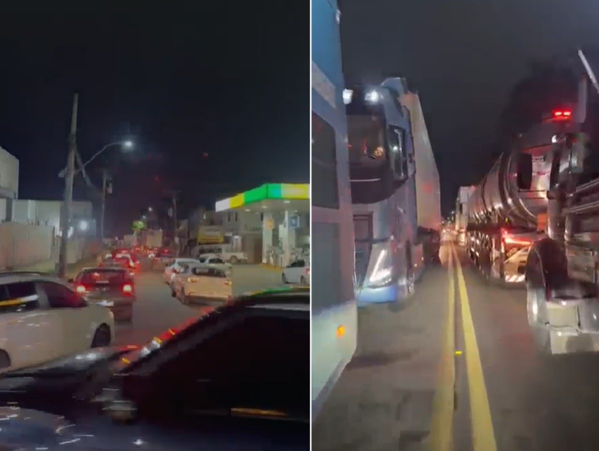 Engavetamento entre carros, carreta e caminhão causa congestionamento de 6 km na BR-101, em Campos