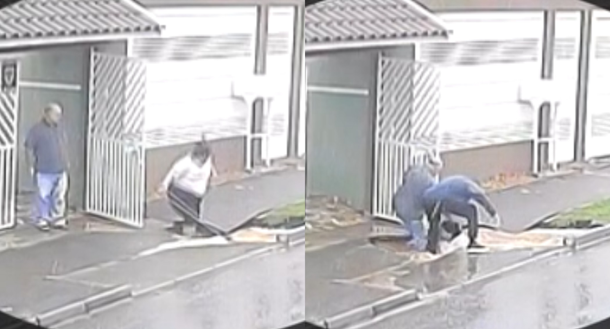 VÍDEO: mulher cai em buraco após calçada ceder, homens tentam ajudar e também caem, na Grande Curitiba