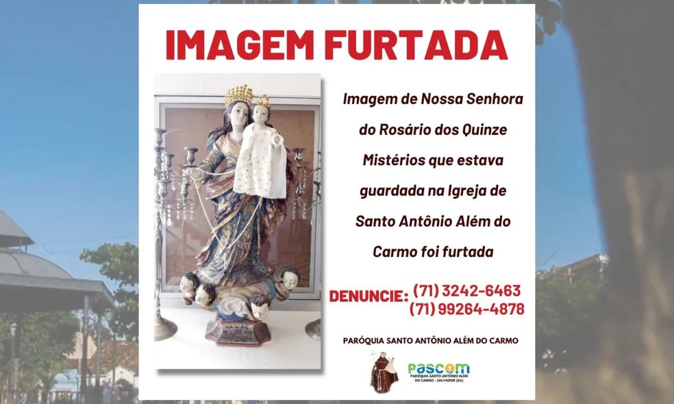 Imagem do século 19 é furtada de igreja do centro de Salvador — Foto: Reprodução/Redes Sociais