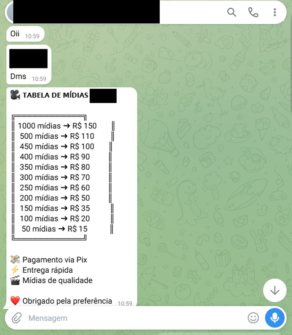 Canal no Telegram vende conteúdo de abuso sexual infantil com preços a partir de R$ 15. — Foto: Reprodução/Telegram
