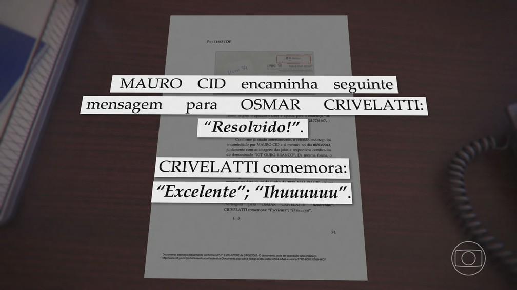 Troca de mensagens entre Mauro Cid e Osmar Crivelatti após saque feito pelo ex-ajudante de ordens nos EUA — Foto: JN