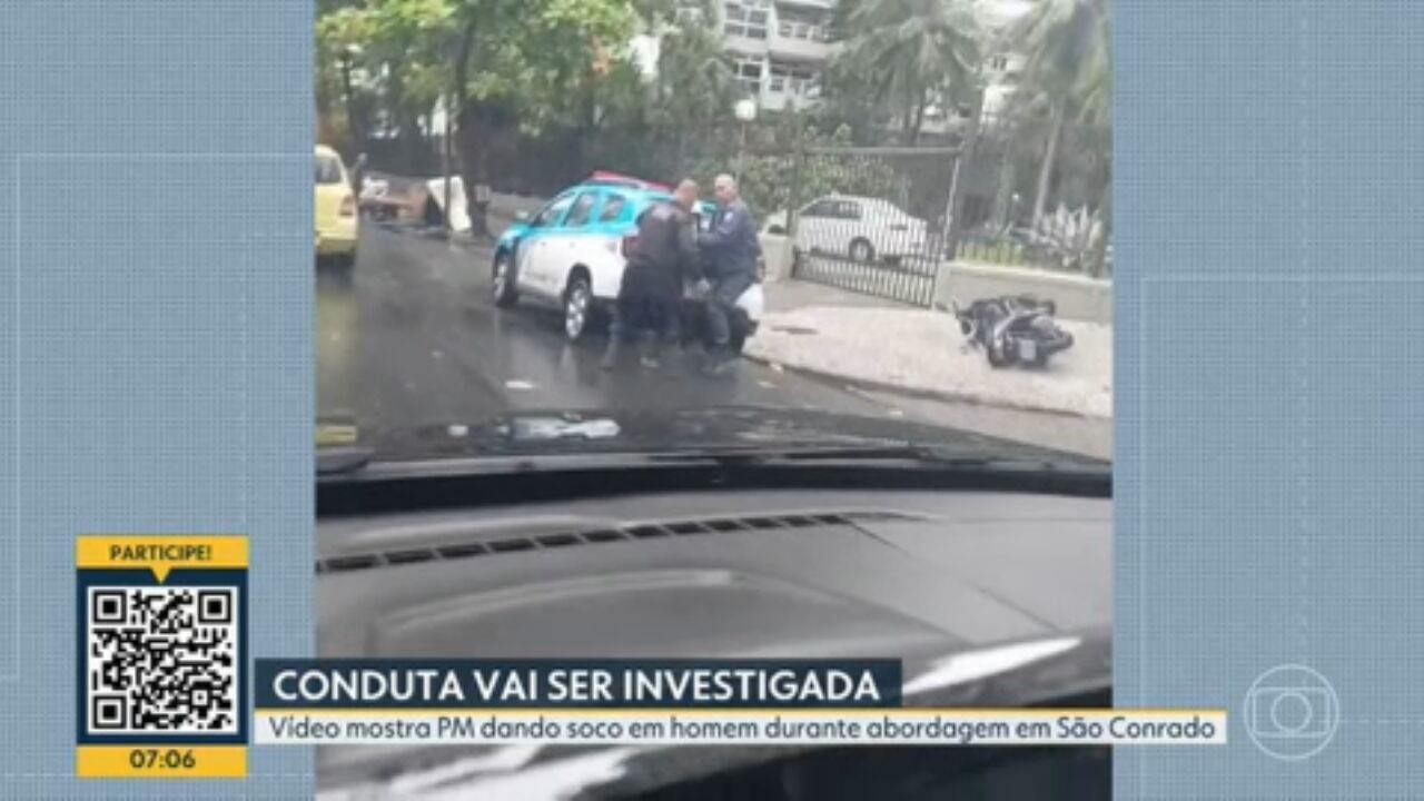 VÍDEO: PM investiga abordagem de policial em São Conrado; mesmo imobilizado, suspeito levou soco na barriga