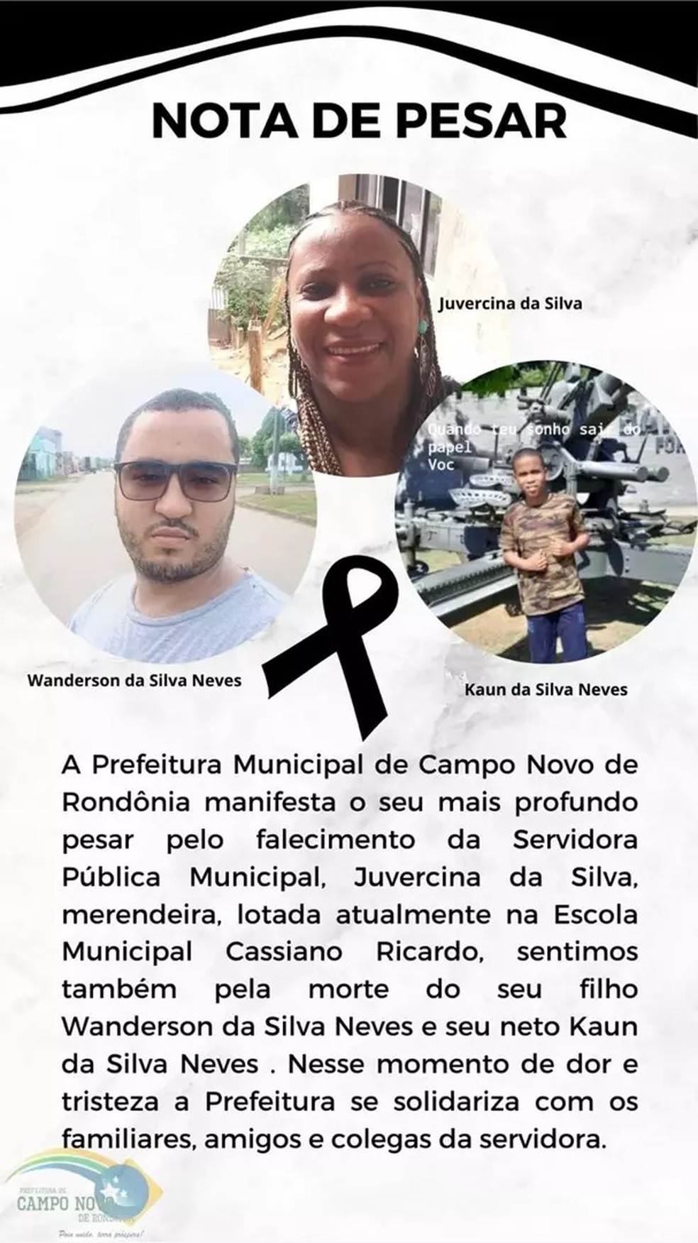 Nota de pesar da prefeitura de Campo Novo de Rondônia — Foto: Reprodução