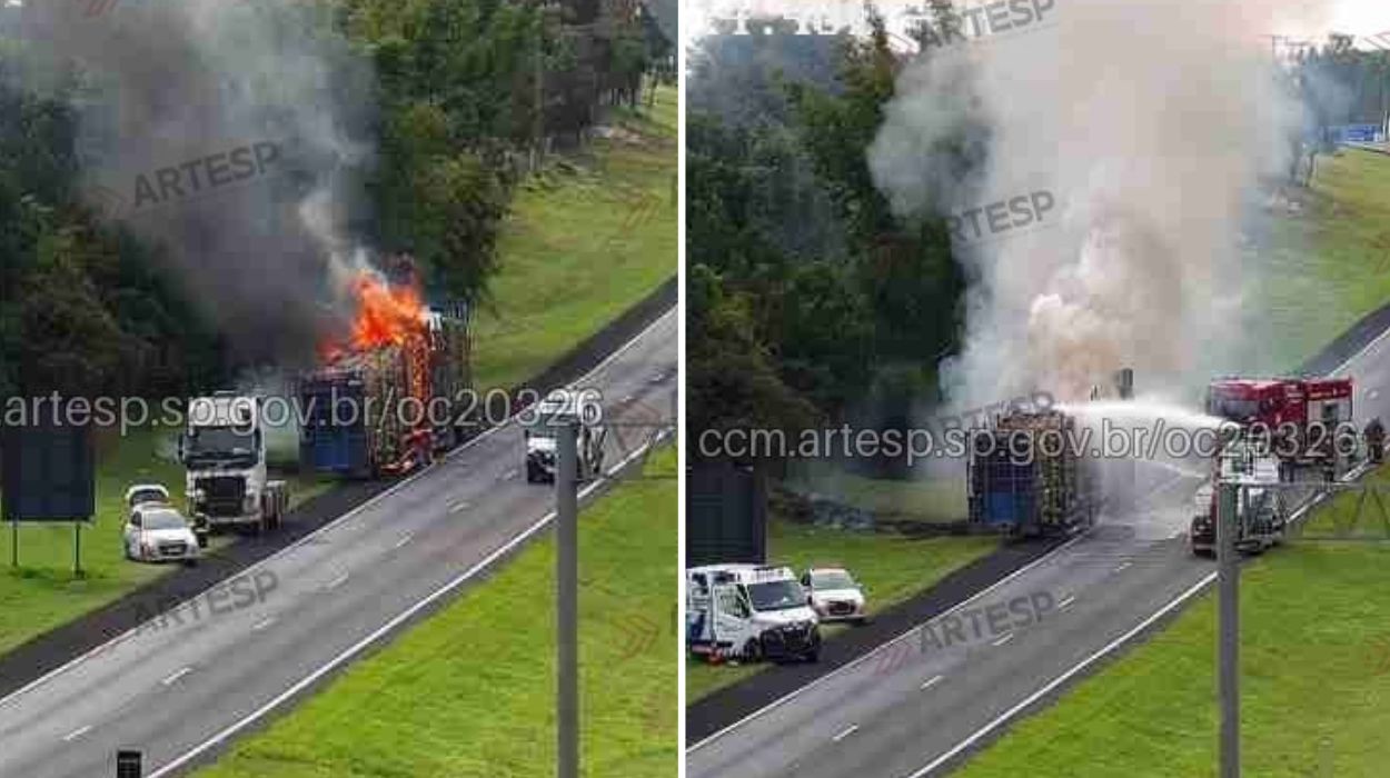 Incêndio atinge carreta carregada com madeira na rodovia SP-310 do interior de SP