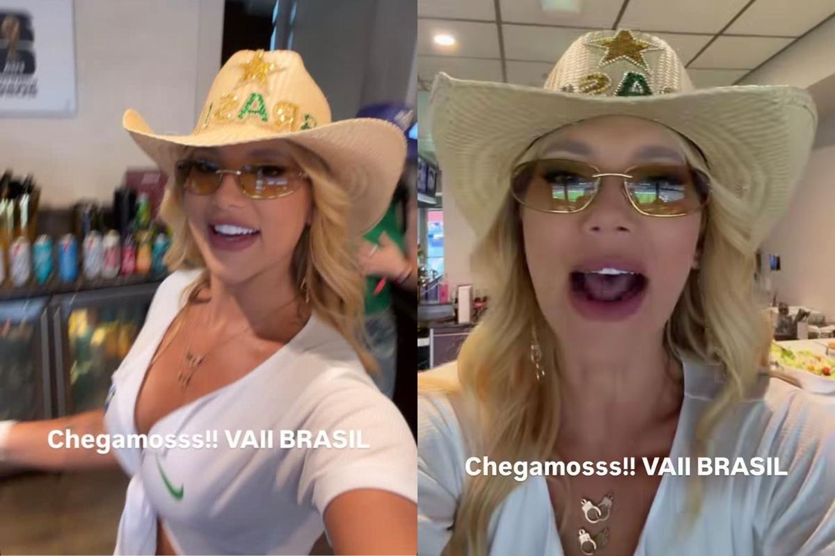 Virgínia usa look cowgirl com chapéu e  calça customizados no jogo do Brasil; Vini Jr. comenta