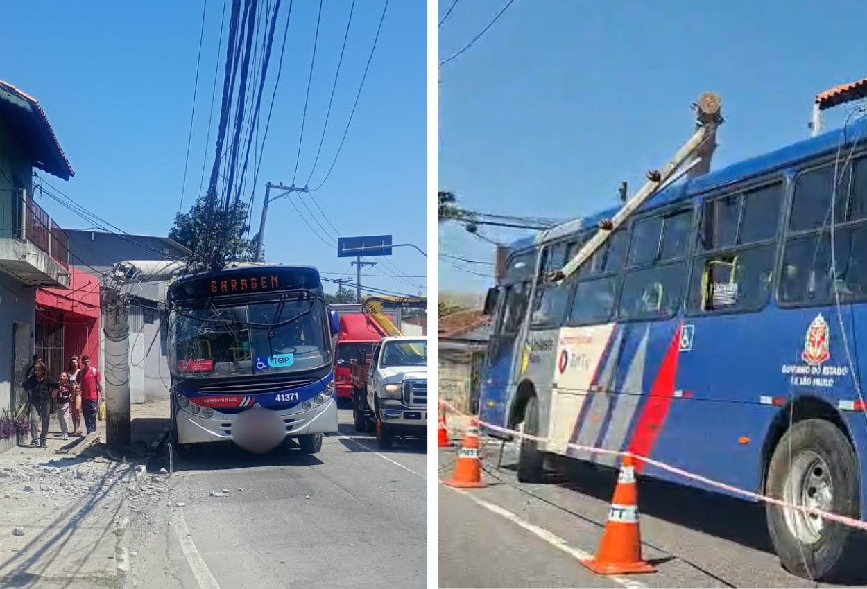 Ônibus intermunicipal bate e deixa poste partido ao meio na Via Perimetral, em Mogi das Cruzes