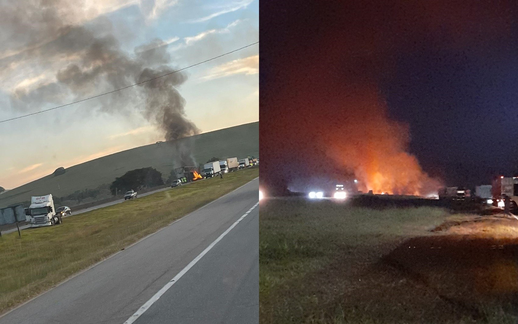 Carreta pega fogo e causa congestionamento na Fernão Dias, em São Sebastião da Bela Vista, MG