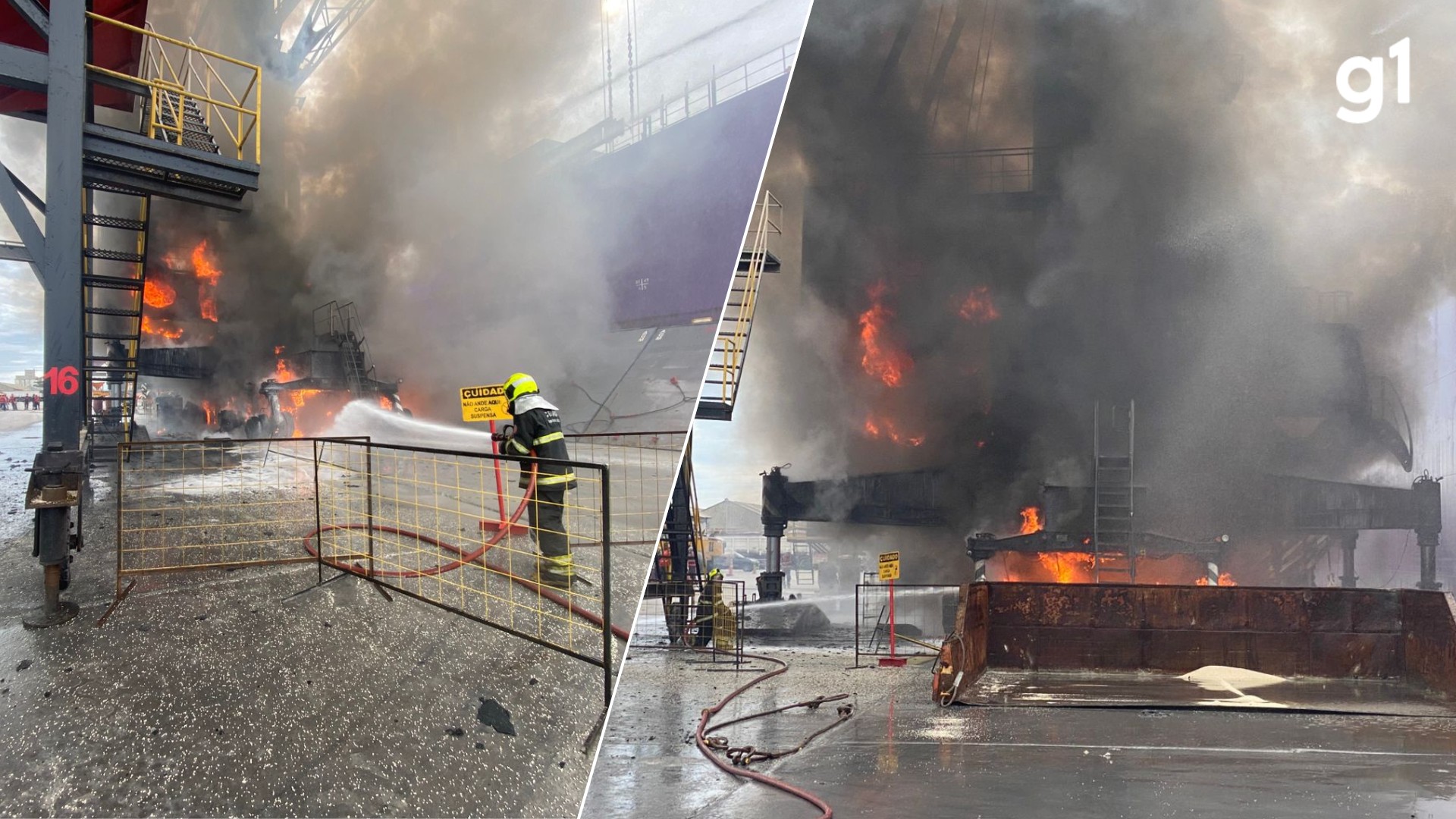 Incêndio de grandes proporções atinge guindaste e paralisa operações no Porto do Rio Grande