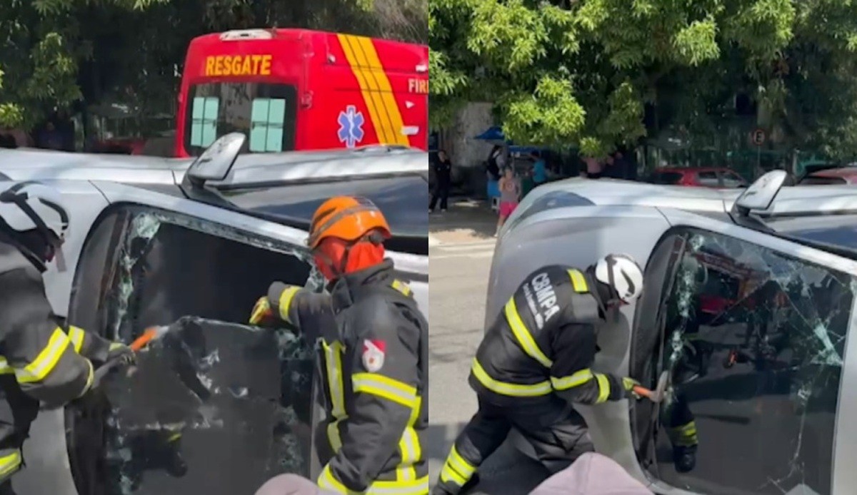Bombeiros quebram para-prisas para resgatar motorista após carro capotar em acidente em Belém