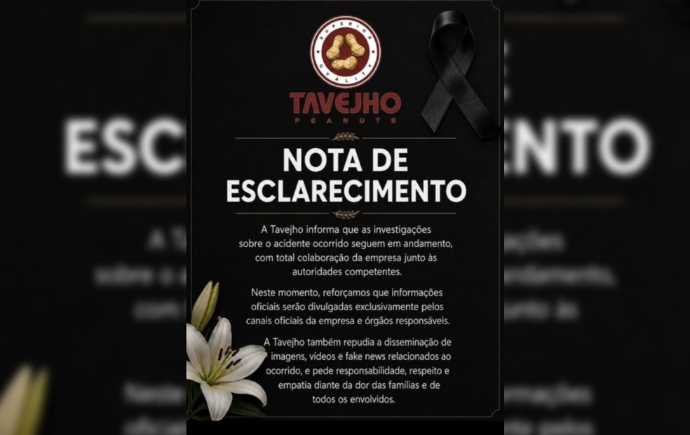 Nota de esclarecimento da Tavejho — Foto: Reprodução