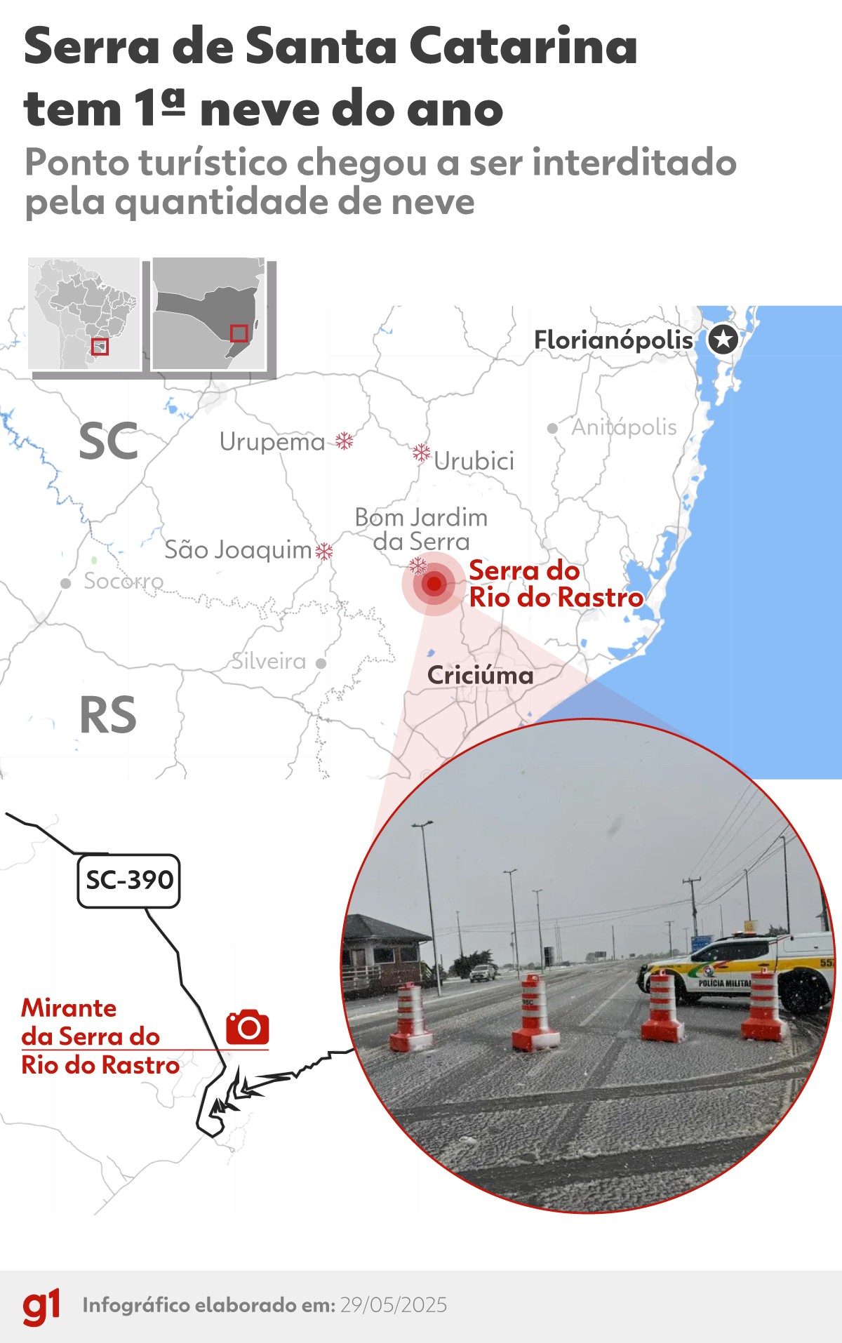 Ponto turístico de SC, Serra do Rio do Rastro é interditada por grande quantidade de neve; VÍDEO