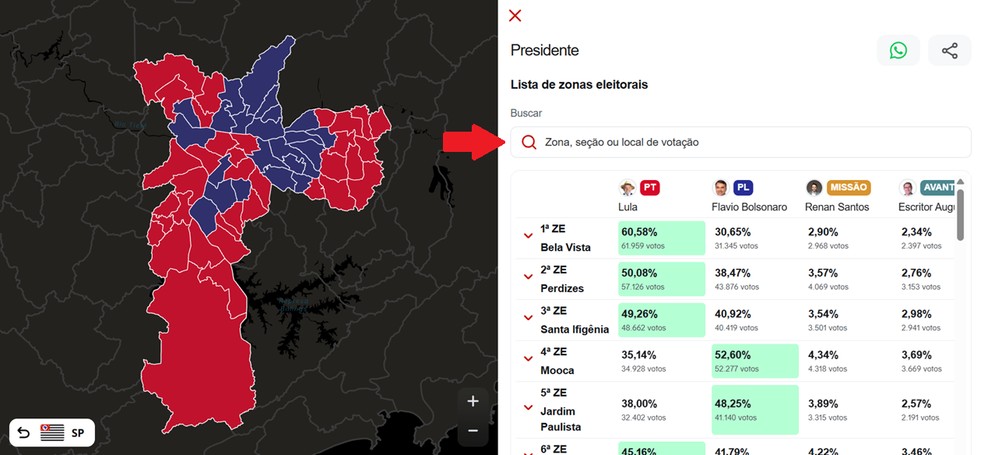 Mapa da apuração em São Paulo: como buscar a sua zona, seção ou local de votação — Foto: Reprodução/g1