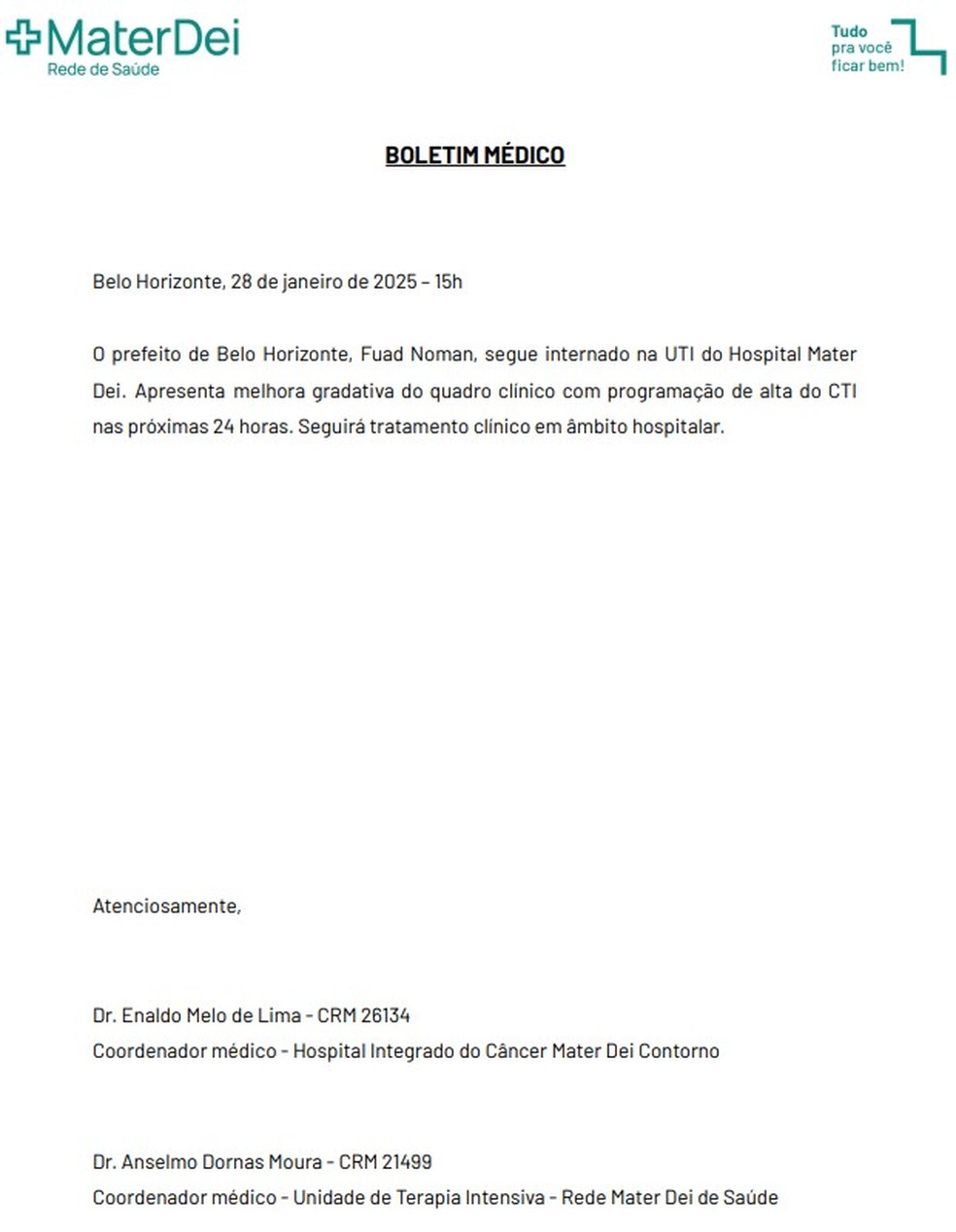 Boletim médico de Fuad Noman (PSD) nesta terça-feira (28) — Foto: Rede Mater Dei/ Reprodução
