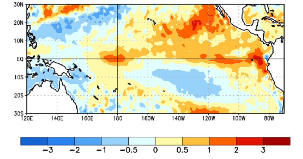 Mapa mostra as anomalias de temperatura da superfície do mar no Pacífico em abril de 2026. Áreas em azul indicam águas mais frias que a média, padrão associado à La Niña — Foto: NOAA