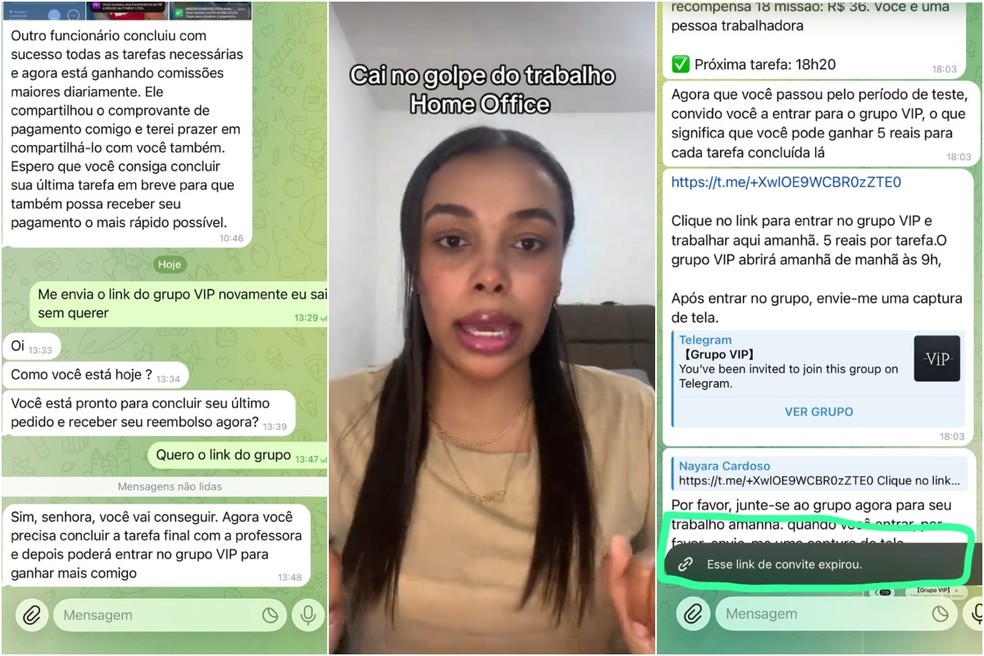 Ester Nunes, de 26 anos, compartilhou no TikTok o golpe da falsa vaga de home office.  — Foto: Arquivo Pessoal/Reprodução Redes Sociais