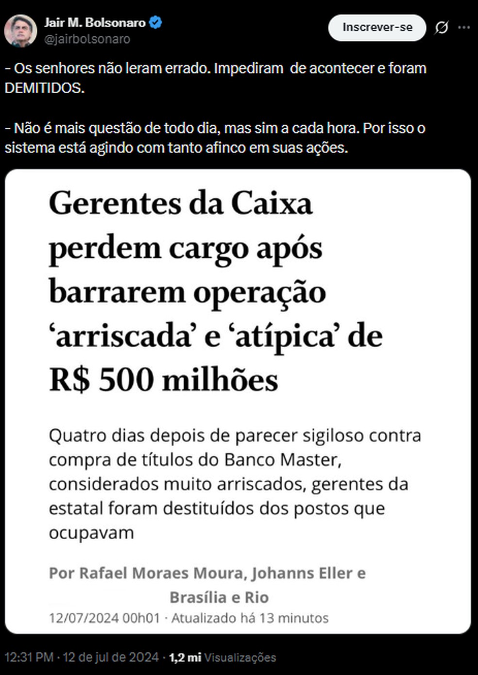 Post em que Bolsonaro comenta notícia sobre a Caixa e o Banco Master — Foto: Reprodução/X