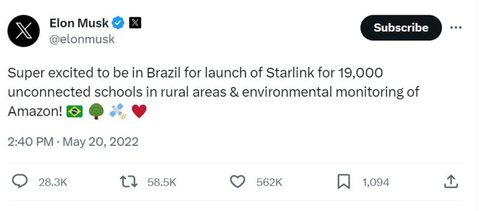 Em maio de 2022, Musk se disse "super animado para o lan&ccedil;amento da Starlink para 19 mil escolas desconectadas em &aacute;reas rurais e monitoramento ambiental da Amaz&ocirc;nia" &mdash; Foto: TWITTER/X