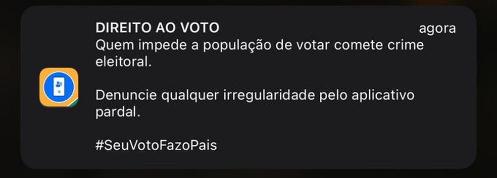Notificação orienta eleitores a denunciar irregularidades pelo aplicativo Pardal, da Justiça Eleitoral — Foto: Reprodução/TSE