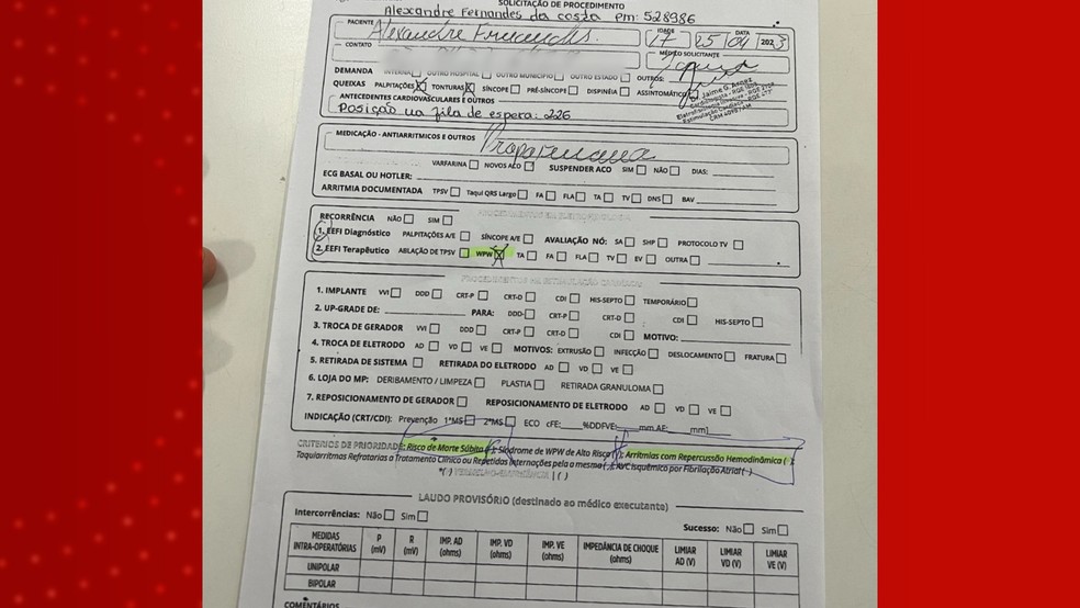 Documento aponta critério de risco de morte súbita em paciente que espera por exame desde maio de 2023 — Foto: Arquivo pessoal