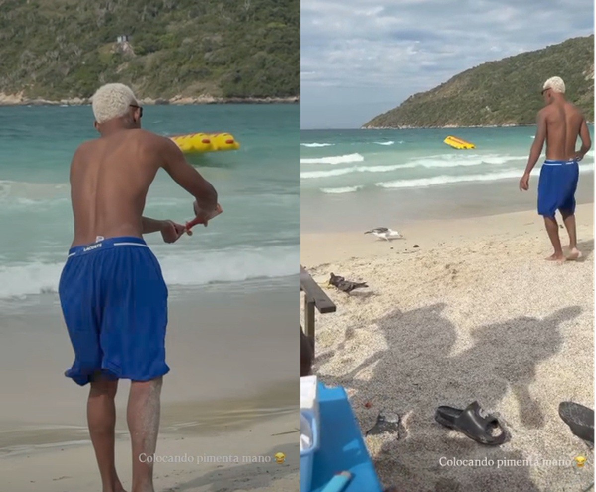 Influenciador alimenta gaivotas com petiscos cobertos de molho de pimenta em praia de Arraial do Cabo; VÍDEO