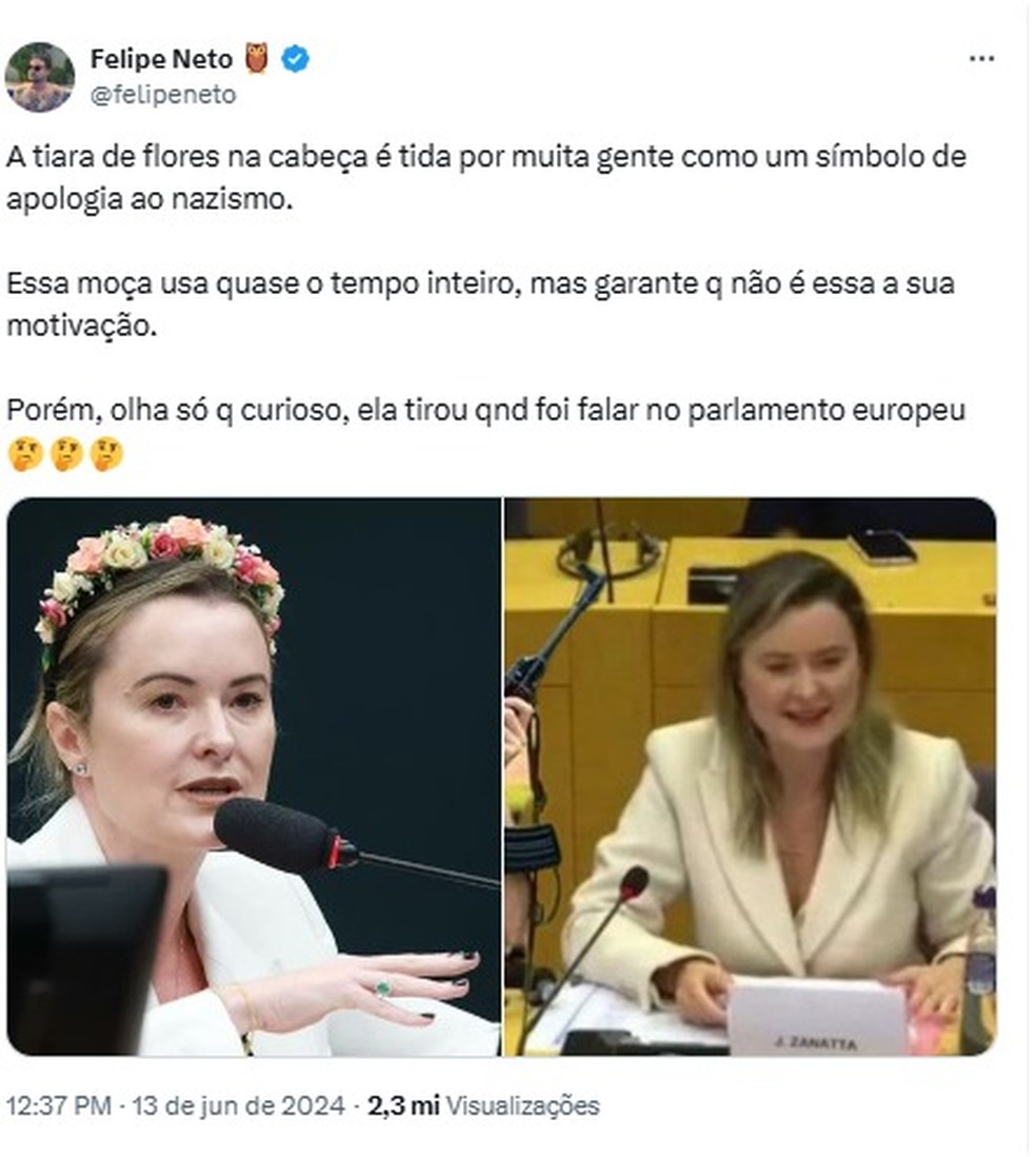 A postagem afirmava que "a tiara de flores na cabeça é tida por muita gente como um símbolo de apologia ao nazismo" — Foto: Reprodução