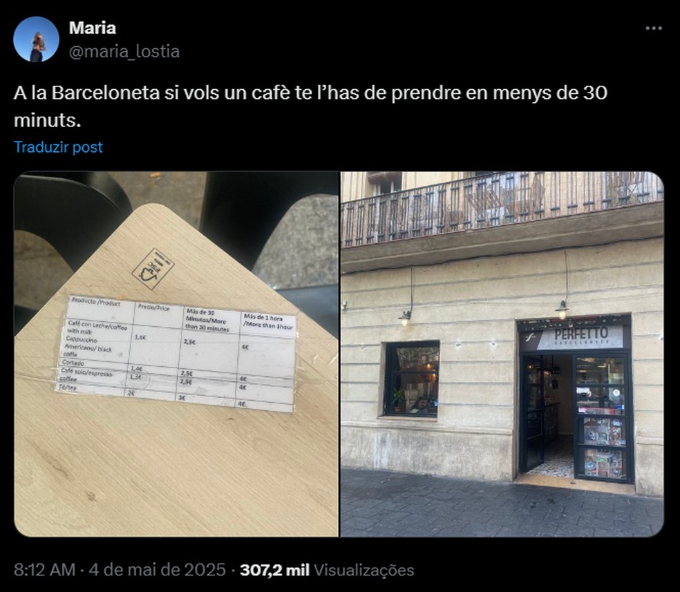 Post com tabela de preços de cafeteria na Espanha viraliza — Foto: Reprodução / g1