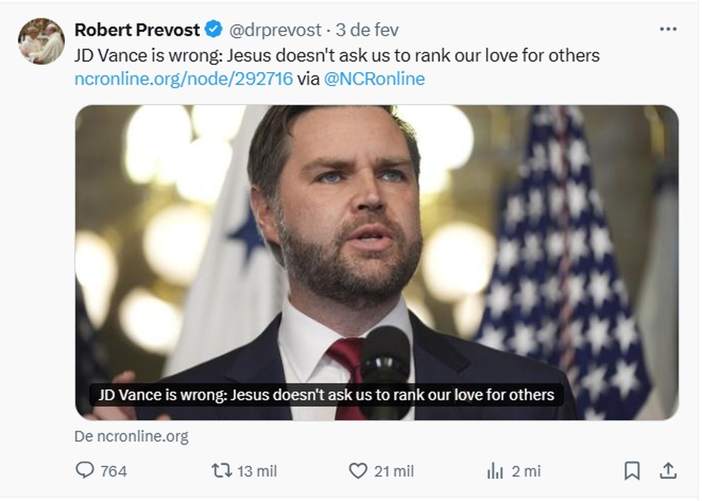 Novo papa fez post no X com artigo crítico a vice-presidente americano — Foto: Reprodução