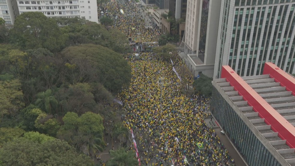 Manifestantes na Avenida Paulista, em So Paulo, neste domingo (7)  Foto: TV Globo