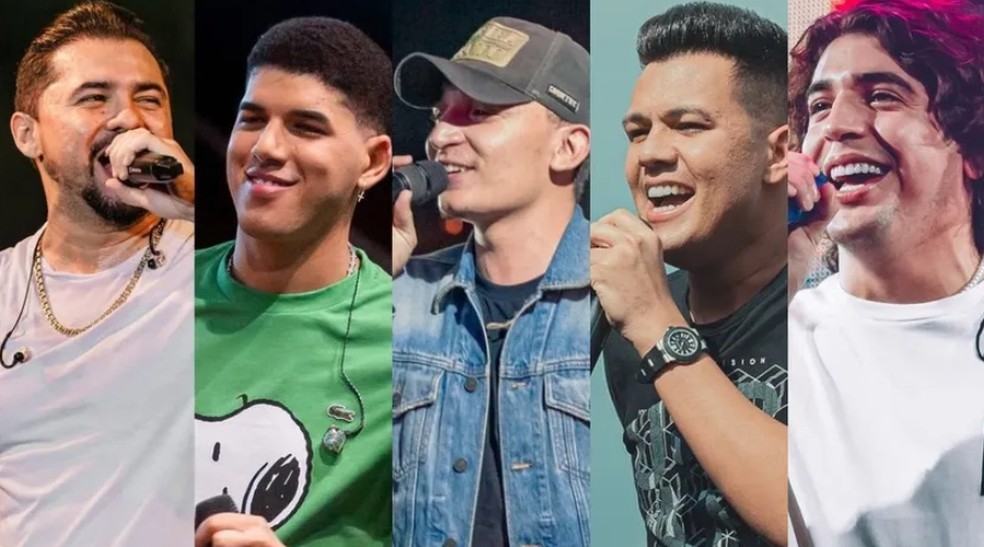 Da esquerda para a direita, os cantores: Xand Avião, Zé Vaqueiro, João Gomes, Vitor Fernandes e Nattan.  — Foto: Reprodução/Redes Sociais