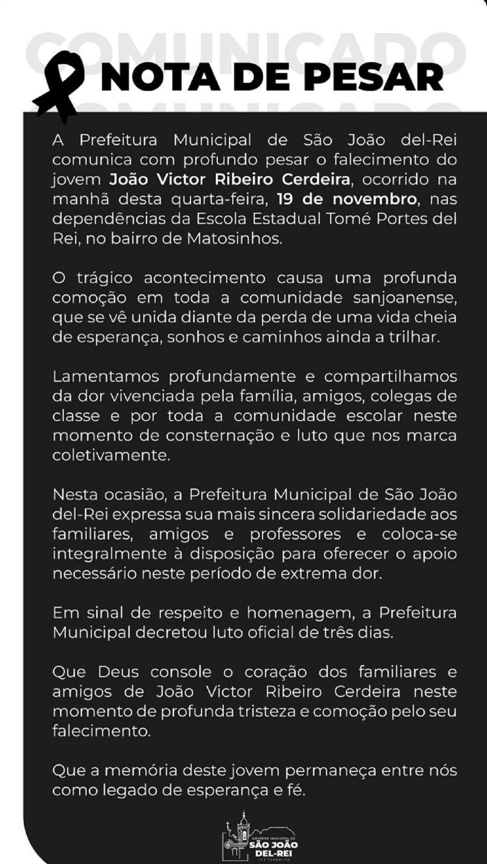 Nota de pesar - Prefeitura de São João del Rei — Foto: Redes Sociais